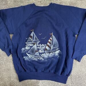 Men's Vintage 80's Pannill USA Navy Blue Sailboat Ships Crewneck Sweatshirt Sz L